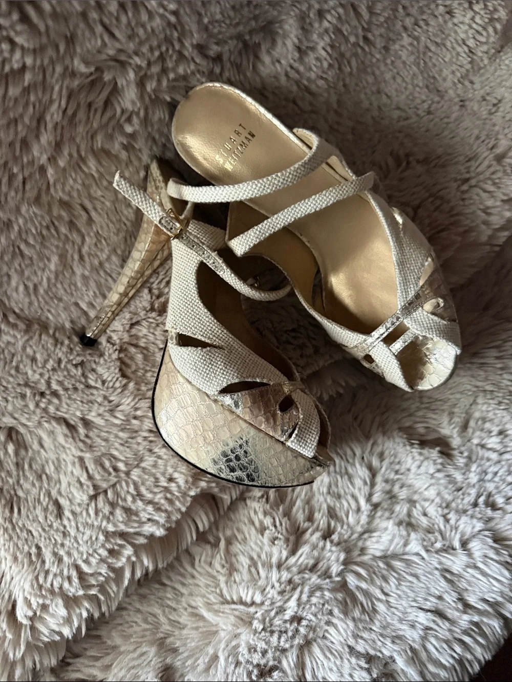 Stuart Weitzman Beige Woven Peep-Toe Platform Sandals